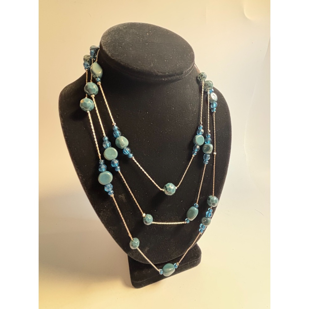 Multi Strand Beaded Necklace Blue Teal Layered Silver Tone Chain 32 Inch